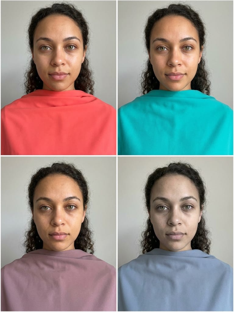 The same face four times: draped in hot coral and bright turquoise on the top row, and in dusty mauve and soft blue-grey on the bottom row.