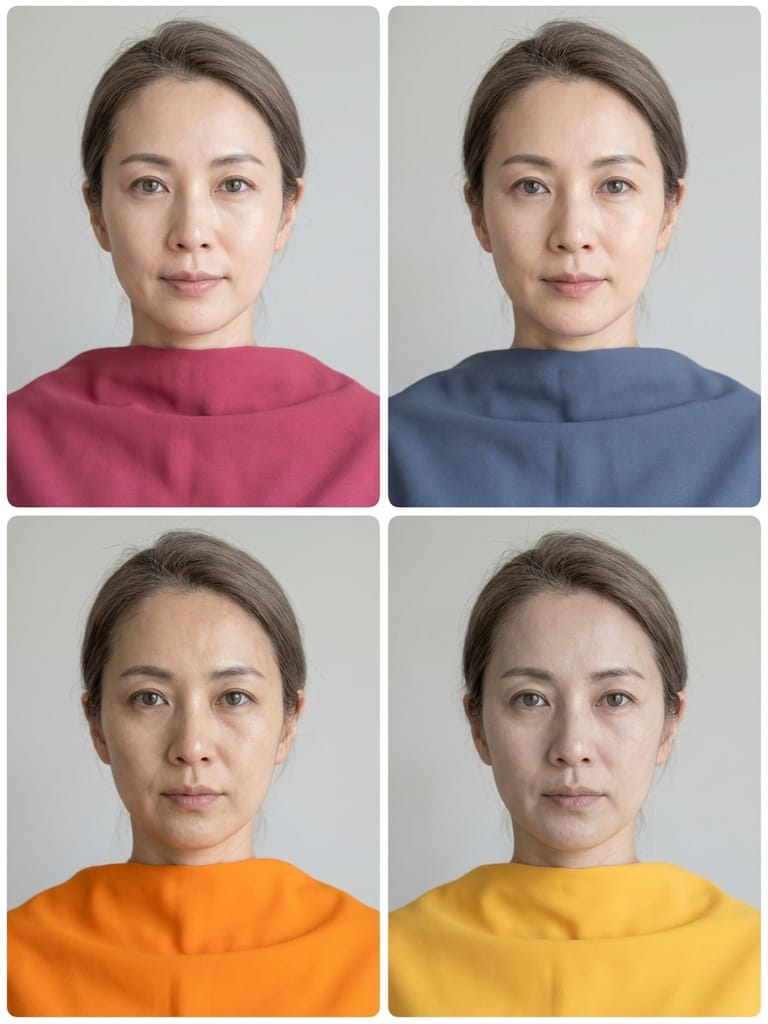 The same face four times: draped in raspberry and slate blue on the top row, and in bright orange and golden yellow on the bottom row.