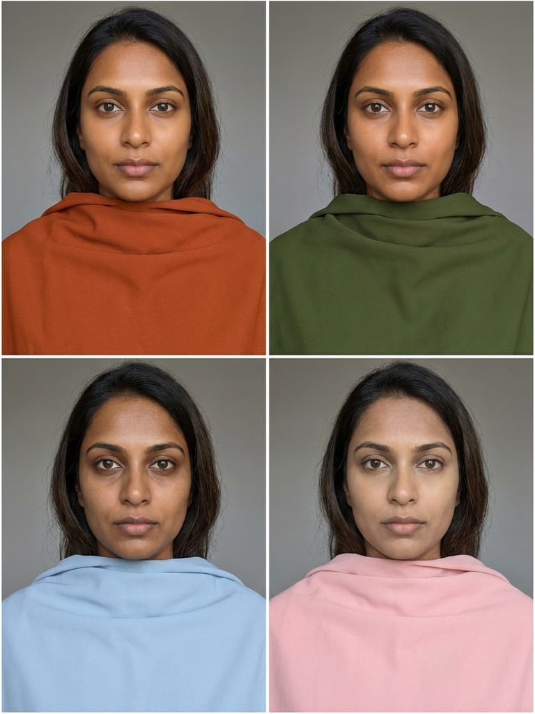 The same face four times: draped in burnt orange and deep olive on the top row, and in powder blue and pastel pink on the bottom row.