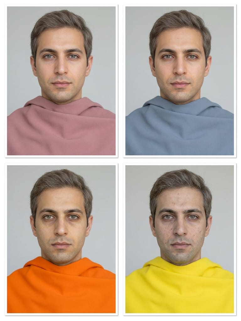 The same face four times: draped in dusty rose and soft blue-grey on the top row, and in bright orange and lemon yellow on the bottom row.